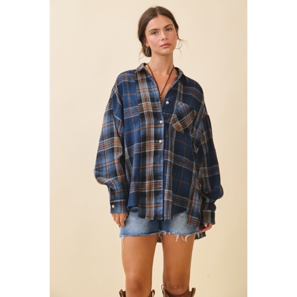 Navy Blue Kambrie Button Down Plaid Patchwork Flannel Casual Shirt - Picture 7 of 10